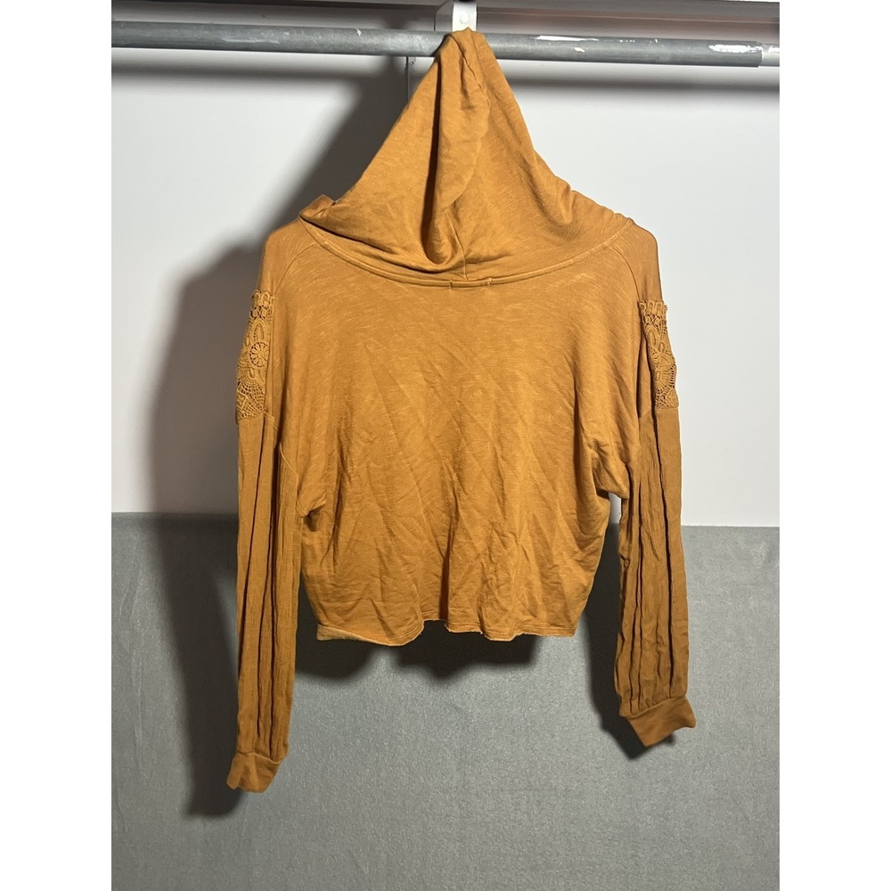 Eyeshadow Women's Mustard Gold Crochet Lace Trim Hooded Cropped Sweatshirt Size - Picture 5 of 5